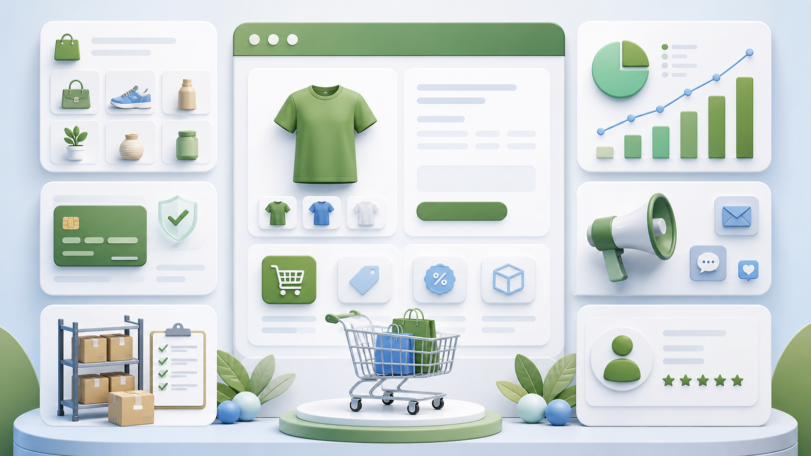 Shopifyの主要機能を俯瞰するモジュール型イメージ